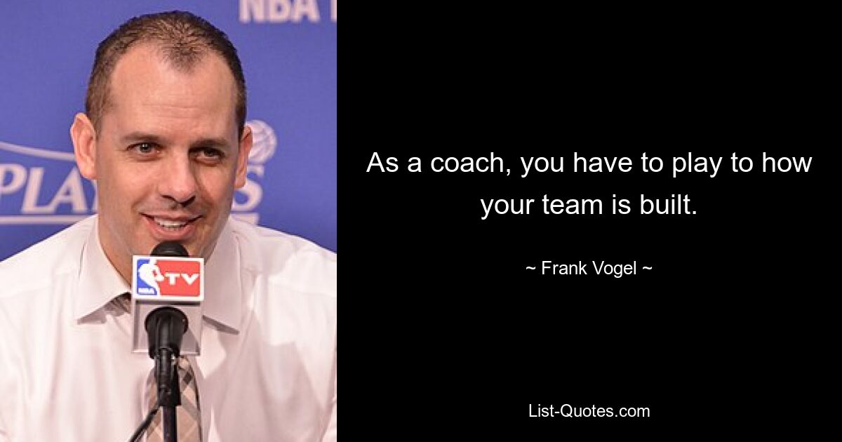 As a coach, you have to play to how your team is built. — © Frank Vogel