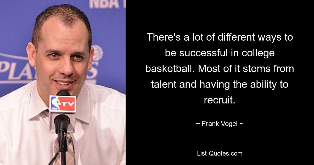 There's a lot of different ways to be successful in college basketball. Most of it stems from talent and having the ability to recruit. — © Frank Vogel