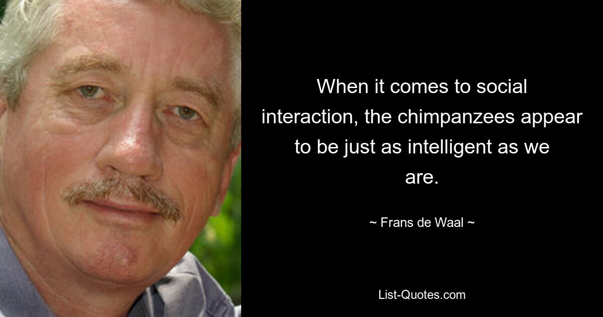 When it comes to social interaction, the chimpanzees appear to be just as intelligent as we are. — © Frans de Waal