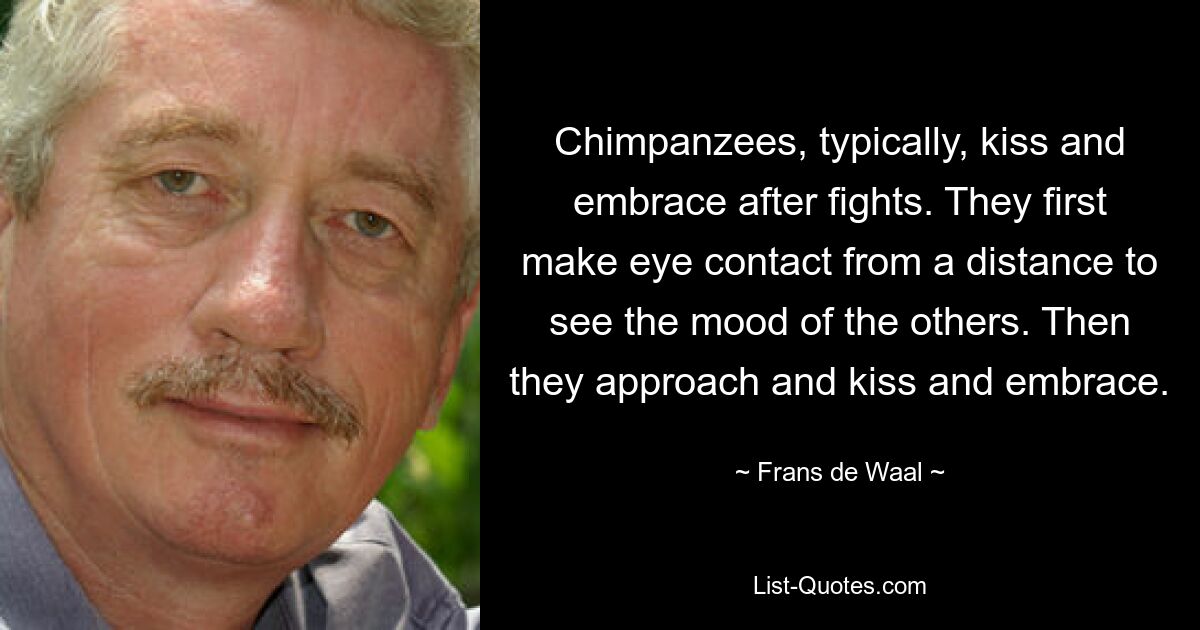 Chimpanzees, typically, kiss and embrace after fights. They first make eye contact from a distance to see the mood of the others. Then they approach and kiss and embrace. — © Frans de Waal