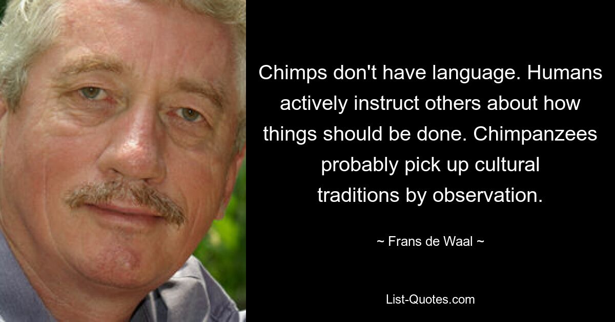 Chimps don't have language. Humans actively instruct others about how things should be done. Chimpanzees probably pick up cultural traditions by observation. — © Frans de Waal