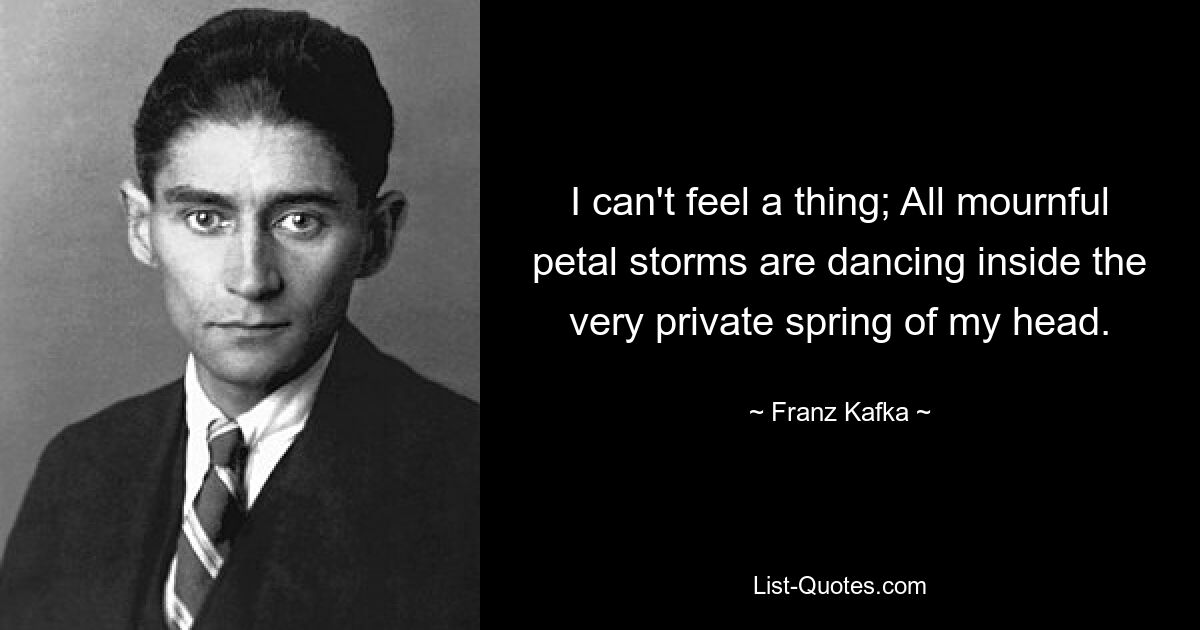 I can't feel a thing; All mournful petal storms are dancing inside the very private spring of my head. — © Franz Kafka