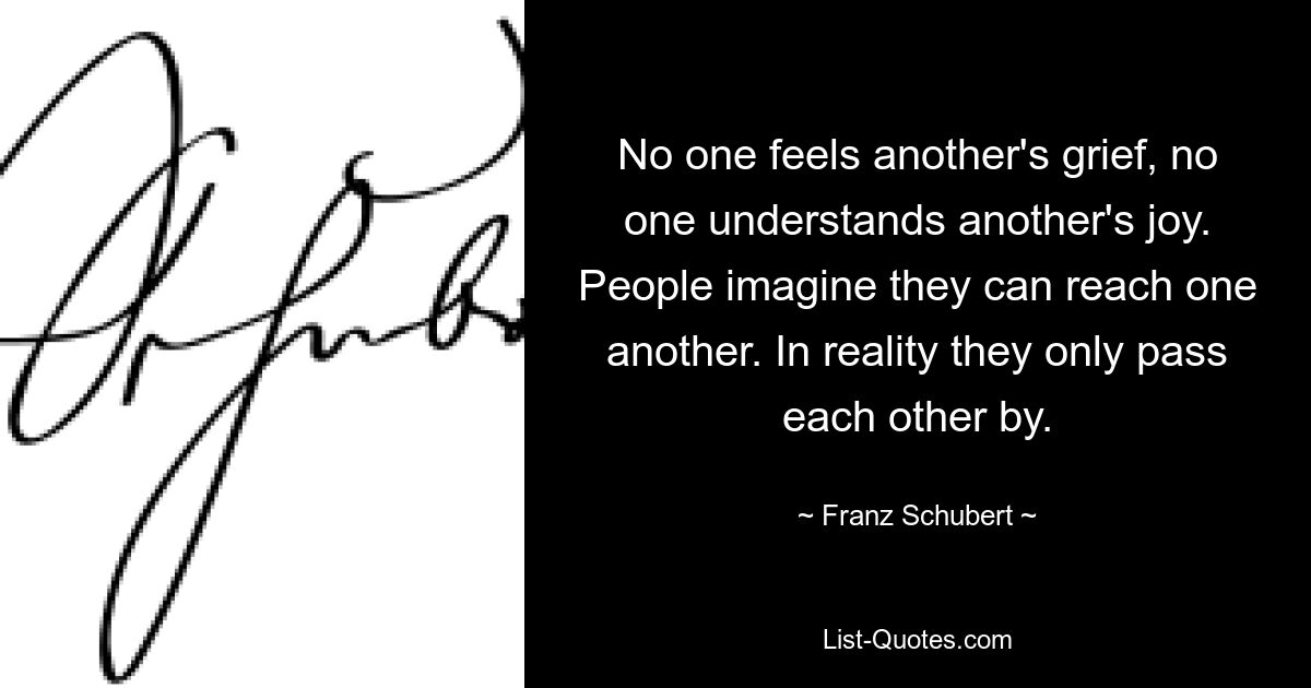 No one feels another's grief, no one understands another's joy. People imagine they can reach one another. In reality they only pass each other by. — © Franz Schubert