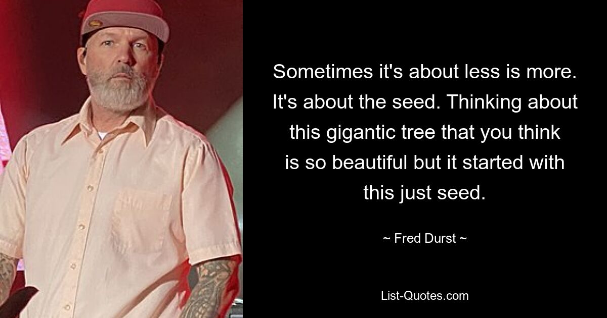 Sometimes it's about less is more. It's about the seed. Thinking about this gigantic tree that you think is so beautiful but it started with this just seed. — © Fred Durst