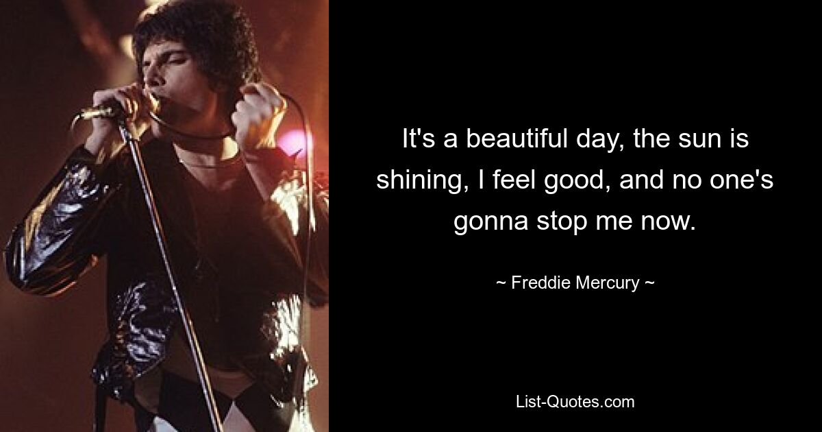 It's a beautiful day, the sun is shining, I feel good, and no one's gonna stop me now. — © Freddie Mercury