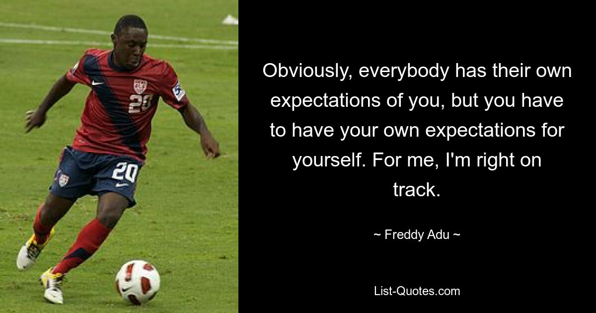 Obviously, everybody has their own expectations of you, but you have to have your own expectations for yourself. For me, I'm right on track. — © Freddy Adu