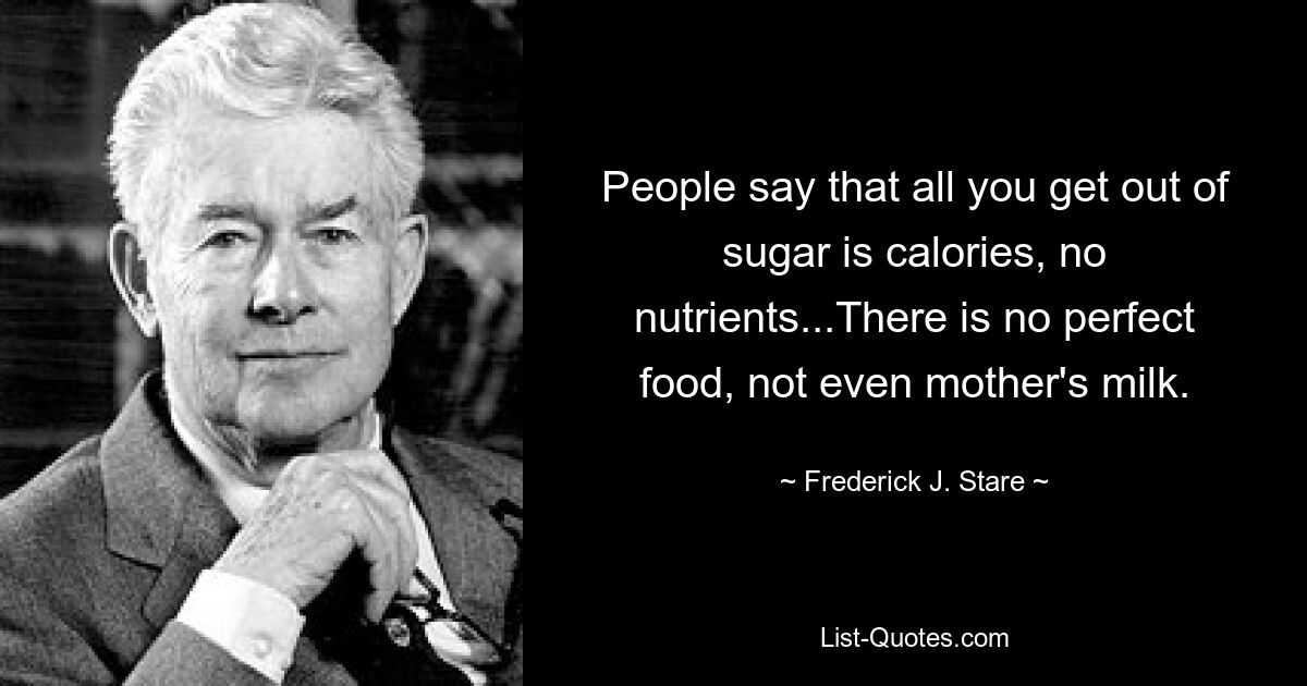 People say that all you get out of sugar is calories, no nutrients...There is no perfect food, not even mother's milk. — © Frederick J. Stare