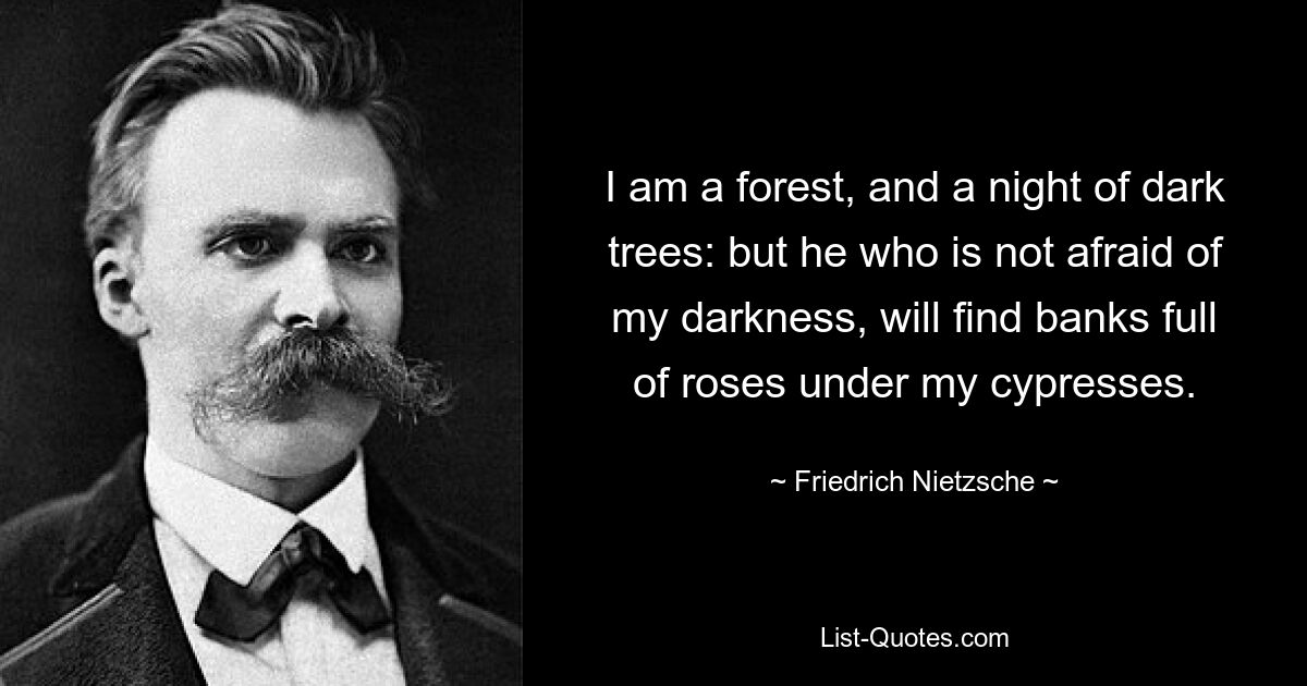 I am a forest, and a night of dark trees: but he who is not afraid of my darkness, will find banks full of roses under my cypresses. — © Friedrich Nietzsche