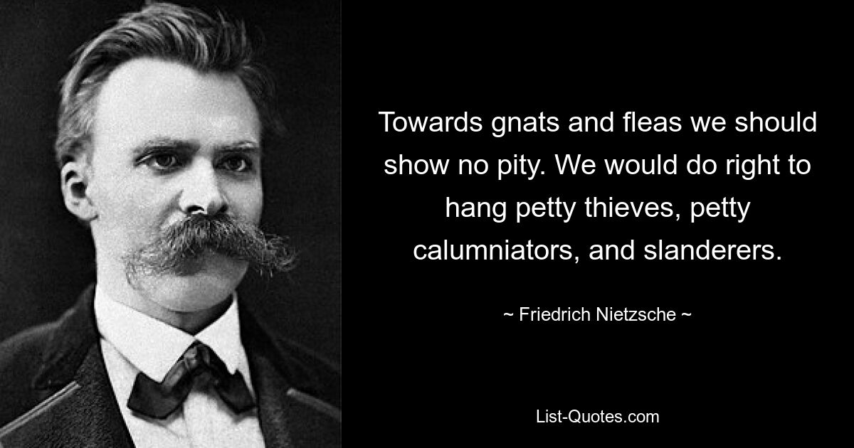 Towards gnats and fleas we should show no pity. We would do right to hang petty thieves, petty calumniators, and slanderers. — © Friedrich Nietzsche