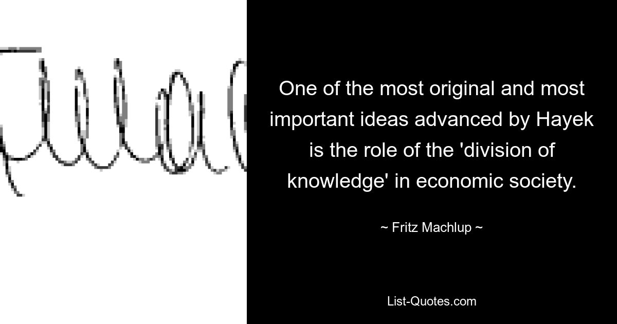 One of the most original and most important ideas advanced by Hayek is the role of the 'division of knowledge' in economic society. — © Fritz Machlup