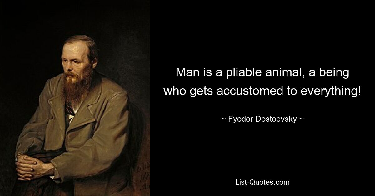 Man is a pliable animal, a being who gets accustomed to everything! — © Fyodor Dostoevsky