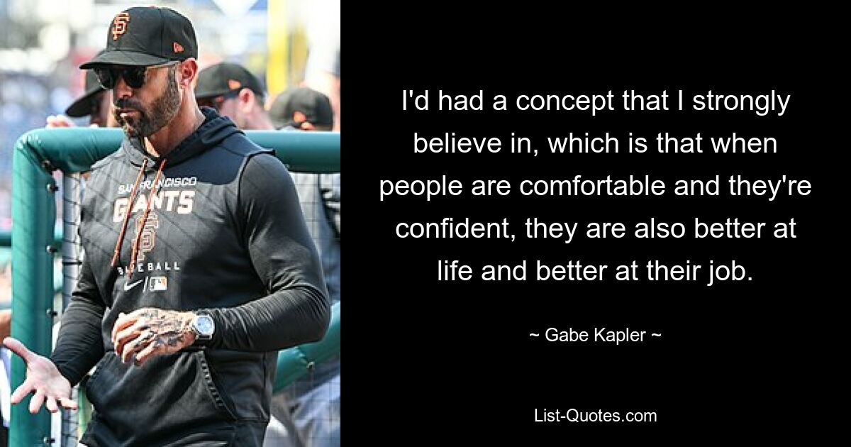 I'd had a concept that I strongly believe in, which is that when people are comfortable and they're confident, they are also better at life and better at their job. — © Gabe Kapler