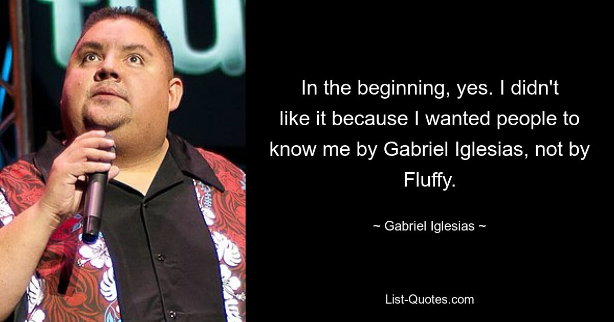 In the beginning, yes. I didn't like it because I wanted people to know me by Gabriel Iglesias, not by Fluffy. — © Gabriel Iglesias