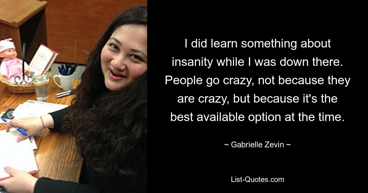 I did learn something about insanity while I was down there. People go crazy, not because they are crazy, but because it's the best available option at the time. — © Gabrielle Zevin