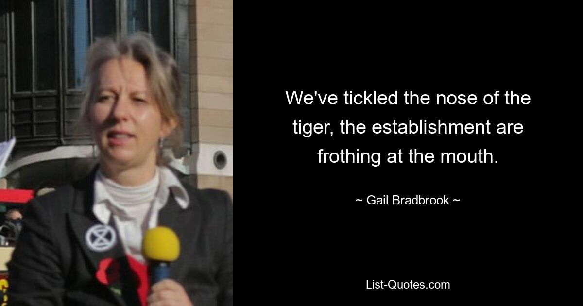 We've tickled the nose of the tiger, the establishment are frothing at the mouth. — © Gail Bradbrook