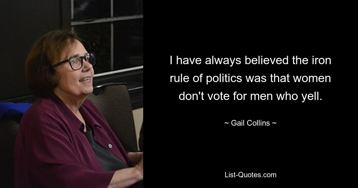 I have always believed the iron rule of politics was that women don't vote for men who yell. — © Gail Collins