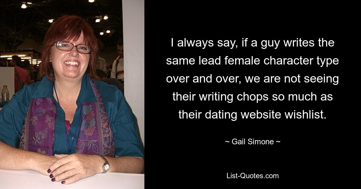 I always say, if a guy writes the same lead female character type over and over, we are not seeing their writing chops so much as their dating website wishlist. — © Gail Simone