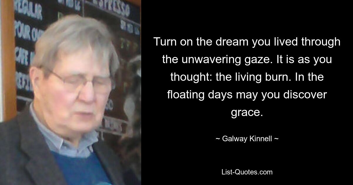 Turn on the dream you lived through the unwavering gaze. It is as you thought: the living burn. In the floating days may you discover grace. — © Galway Kinnell