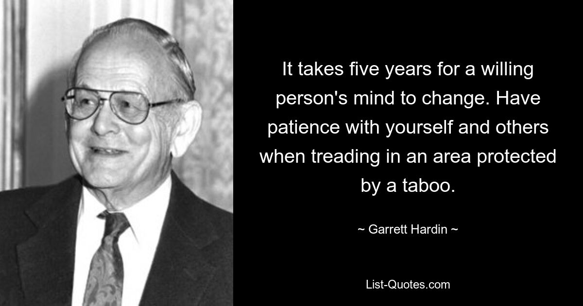 Чтобы сознание желающего человека изменилось, требуется пять лет. Будьте терпеливы к себе и другим, входя в зону, защищенную табу. — © Гаррет Хардин