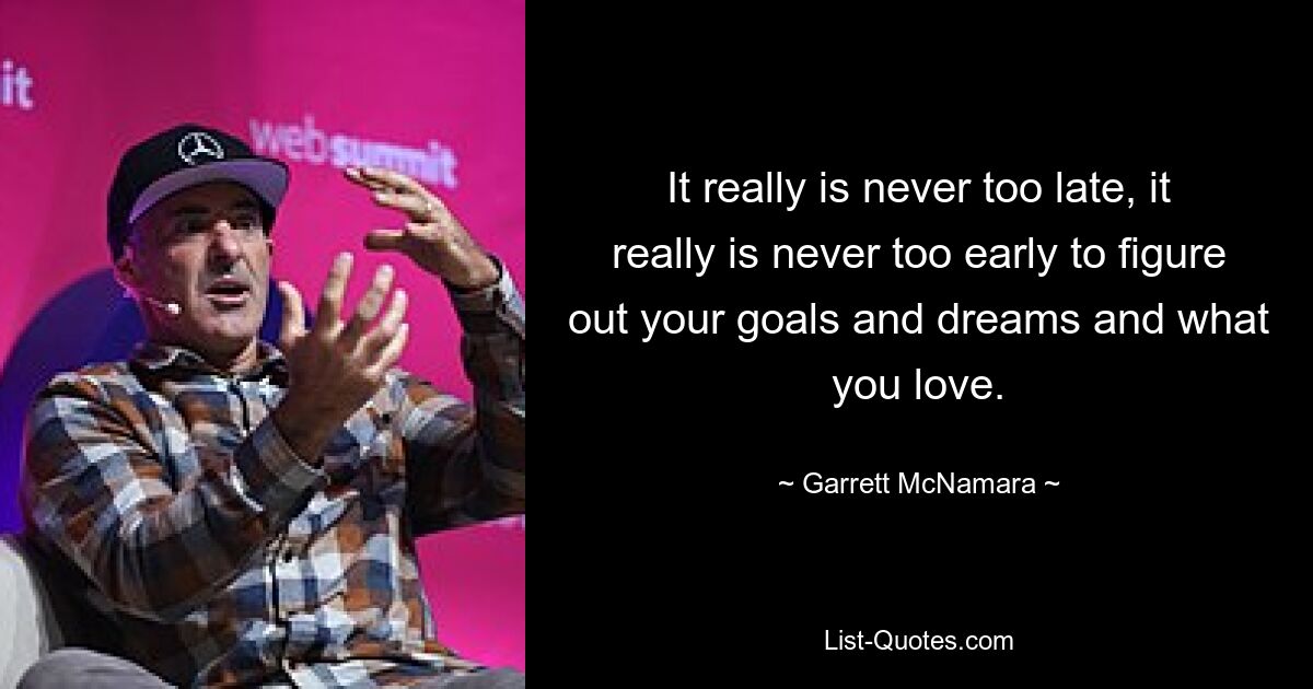 It really is never too late, it really is never too early to figure out your goals and dreams and what you love. — © Garrett McNamara