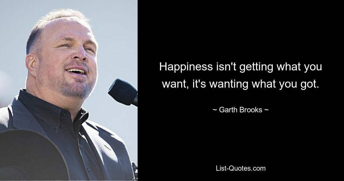 Happiness isn't getting what you want, it's wanting what you got. — © Garth Brooks