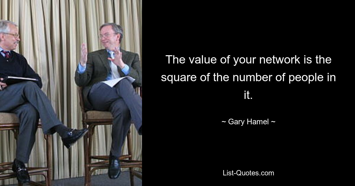 The value of your network is the square of the number of people in it. — © Gary Hamel