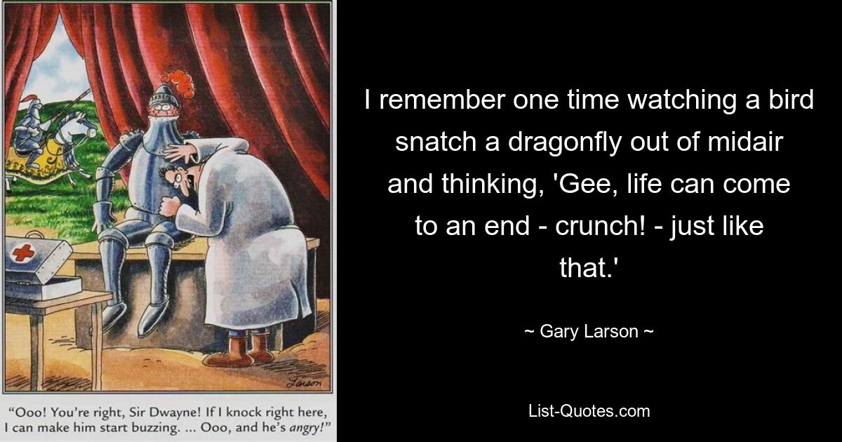 I remember one time watching a bird snatch a dragonfly out of midair and thinking, 'Gee, life can come to an end - crunch! - just like that.' — © Gary Larson