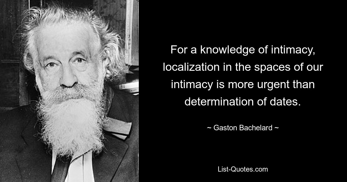 For a knowledge of intimacy, localization in the spaces of our intimacy is more urgent than determination of dates. — © Gaston Bachelard