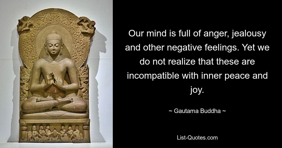 Our mind is full of anger, jealousy and other negative feelings. Yet we do not realize that these are incompatible with inner peace and joy. — © Gautama Buddha