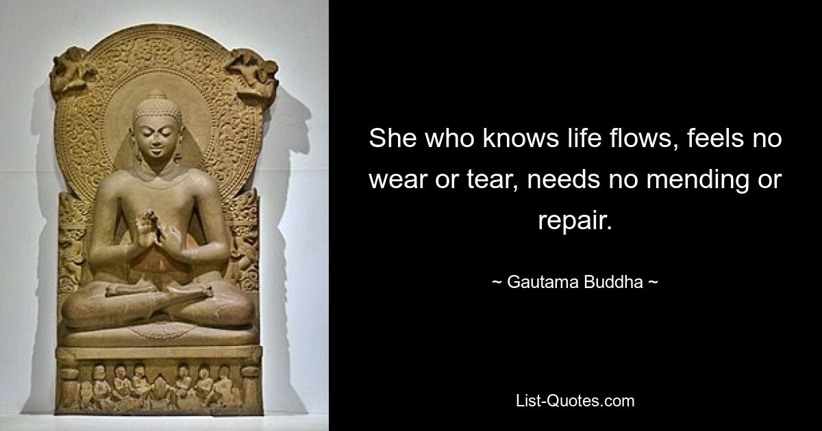 She who knows life flows, feels no wear or tear, needs no mending or repair. — © Gautama Buddha