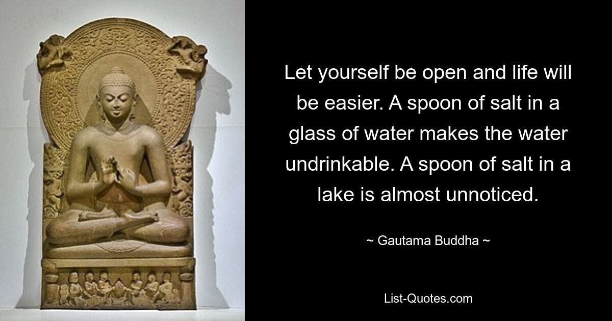 Let yourself be open and life will be easier. A spoon of salt in a glass of water makes the water undrinkable. A spoon of salt in a lake is almost unnoticed. — © Gautama Buddha