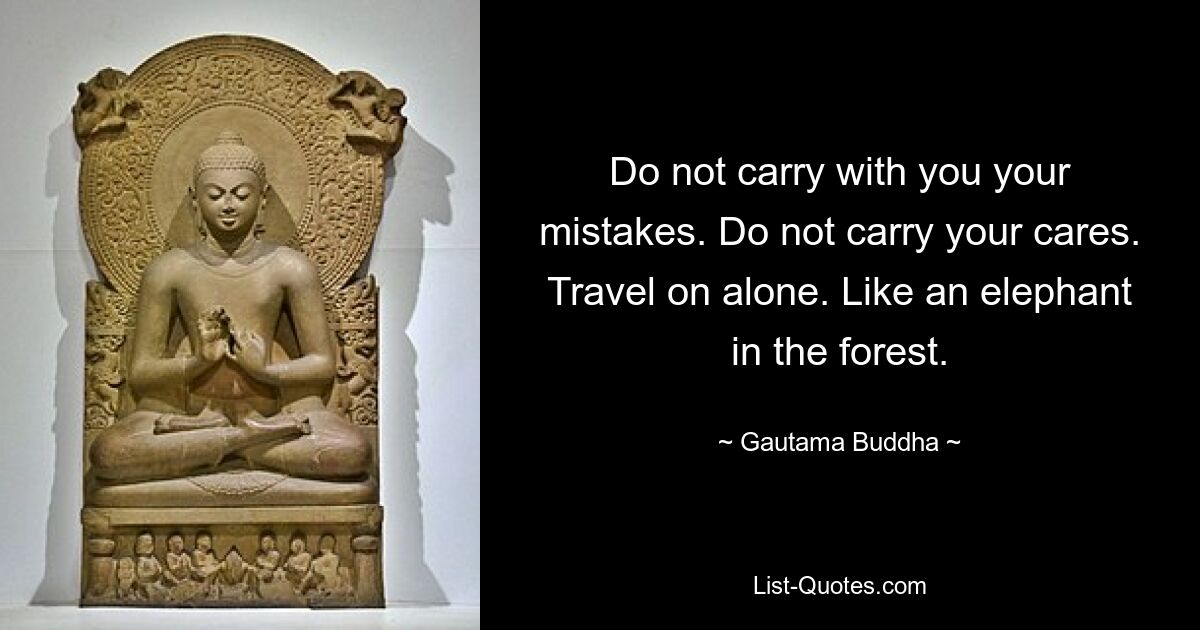 Do not carry with you your mistakes. Do not carry your cares. Travel on alone. Like an elephant in the forest. — © Gautama Buddha