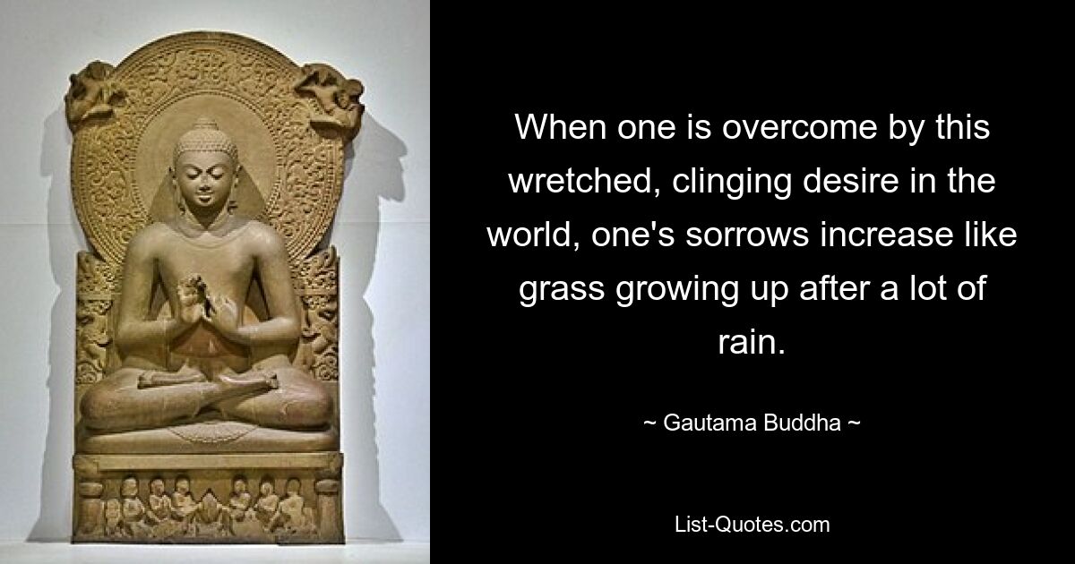 When one is overcome by this wretched, clinging desire in the world, one's sorrows increase like grass growing up after a lot of rain. — © Gautama Buddha