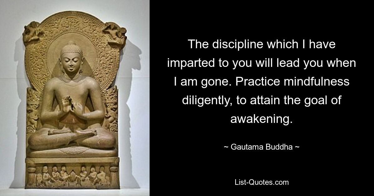 The discipline which I have imparted to you will lead you when I am gone. Practice mindfulness diligently, to attain the goal of awakening. — © Gautama Buddha