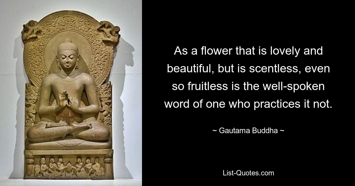 As a flower that is lovely and beautiful, but is scentless, even so fruitless is the well-spoken word of one who practices it not. — © Gautama Buddha