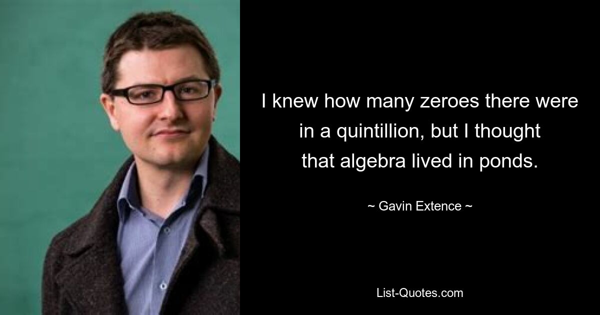 I knew how many zeroes there were in a quintillion, but I thought that algebra lived in ponds. — © Gavin Extence