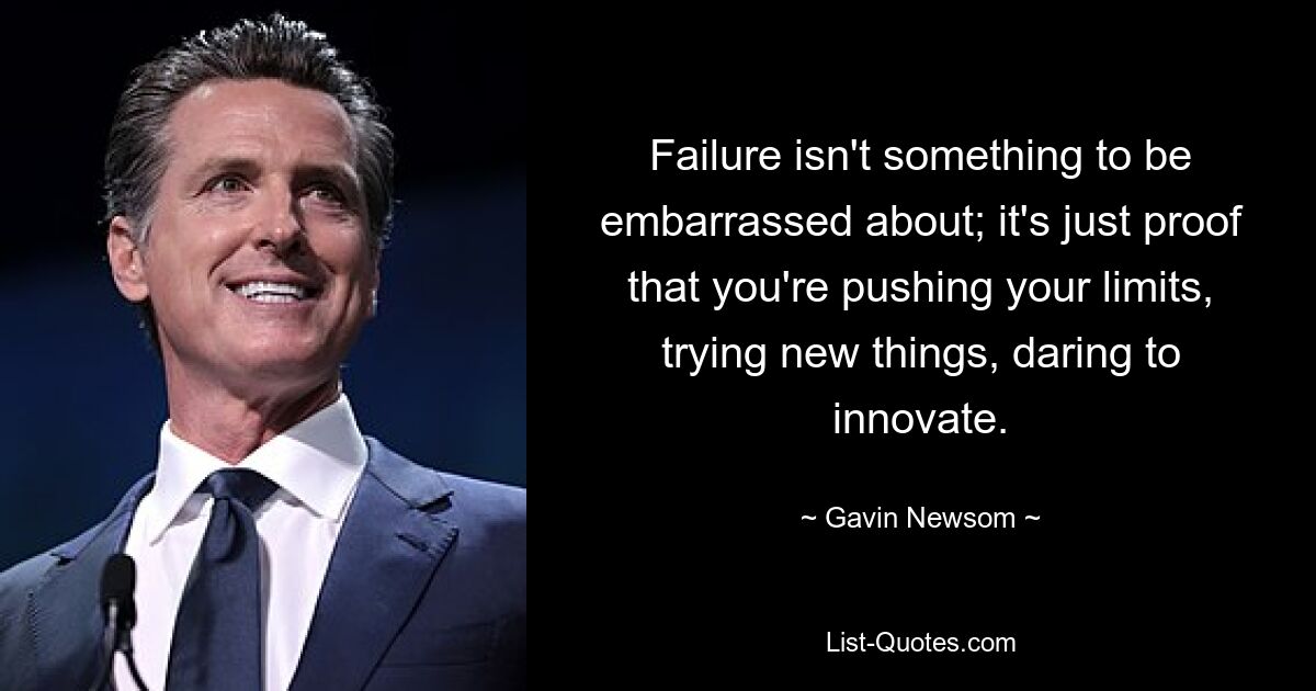 Failure isn't something to be embarrassed about; it's just proof that you're pushing your limits, trying new things, daring to innovate. — © Gavin Newsom