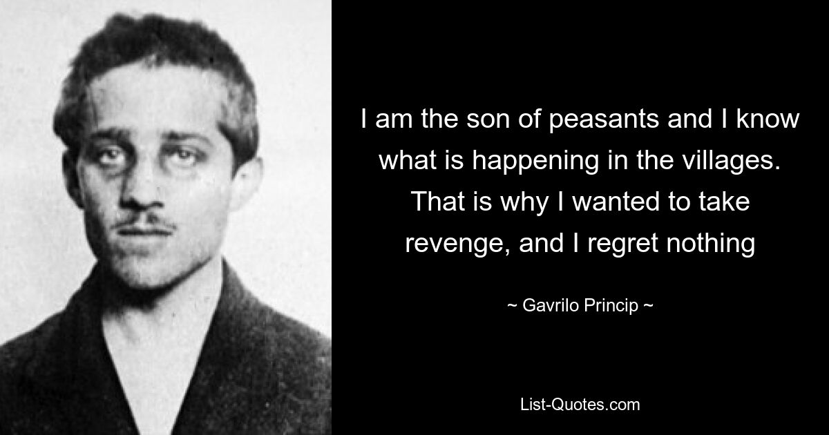 I am the son of peasants and I know what is happening in the villages. That is why I wanted to take revenge, and I regret nothing — © Gavrilo Princip