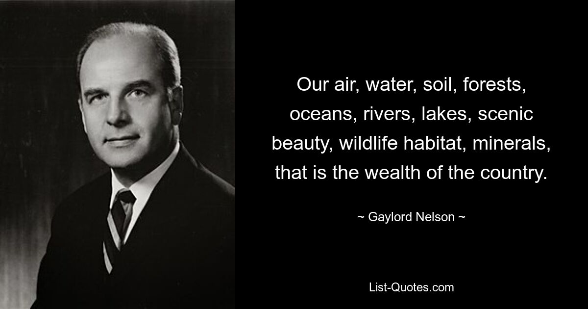 Our air, water, soil, forests, oceans, rivers, lakes, scenic beauty, wildlife habitat, minerals, that is the wealth of the country. — © Gaylord Nelson