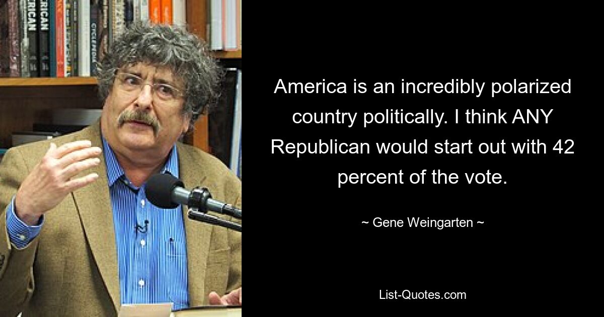 America is an incredibly polarized country politically. I think ANY Republican would start out with 42 percent of the vote. — © Gene Weingarten