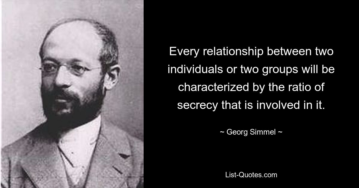 Every relationship between two individuals or two groups will be characterized by the ratio of secrecy that is involved in it. — © Georg Simmel