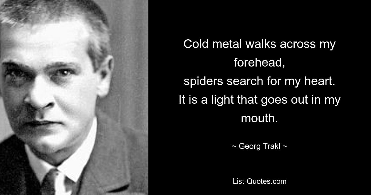 Cold metal walks across my forehead,
spiders search for my heart.
It is a light that goes out in my mouth. — © Georg Trakl