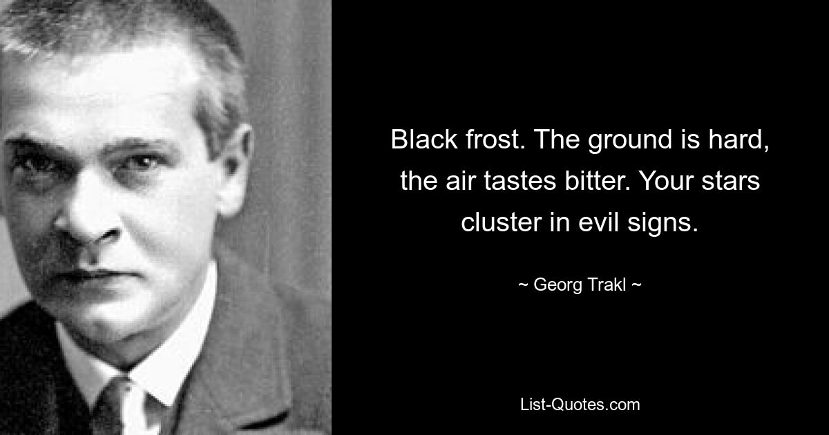 Black frost. The ground is hard, the air tastes bitter. Your stars cluster in evil signs. — © Georg Trakl