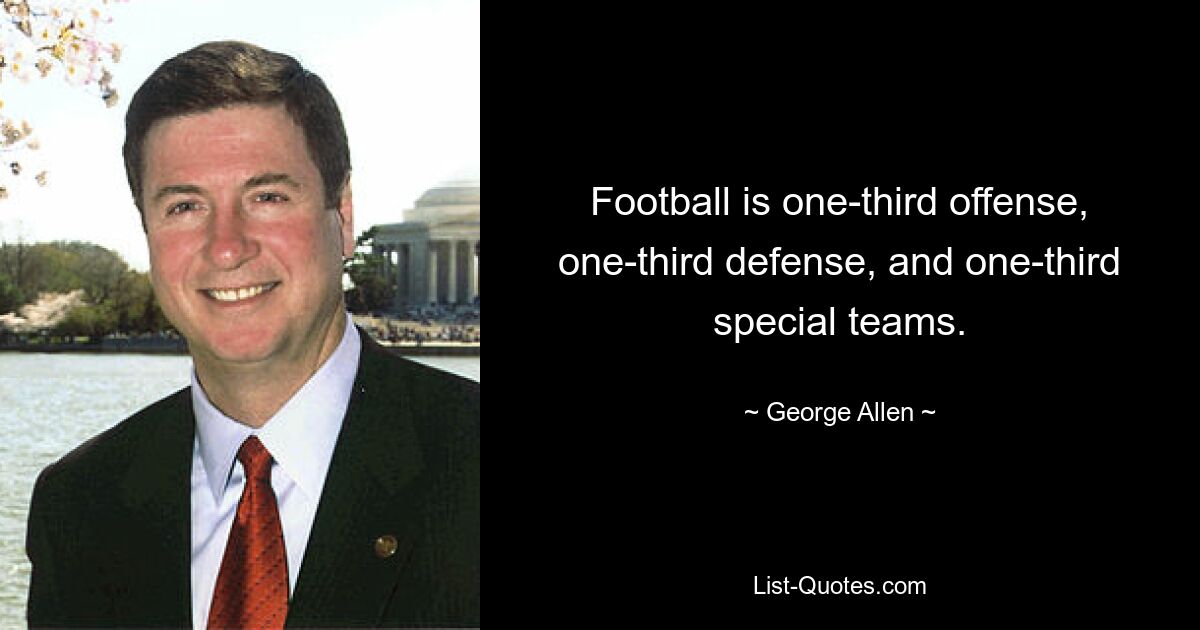 Football is one-third offense, one-third defense, and one-third special teams. — © George Allen