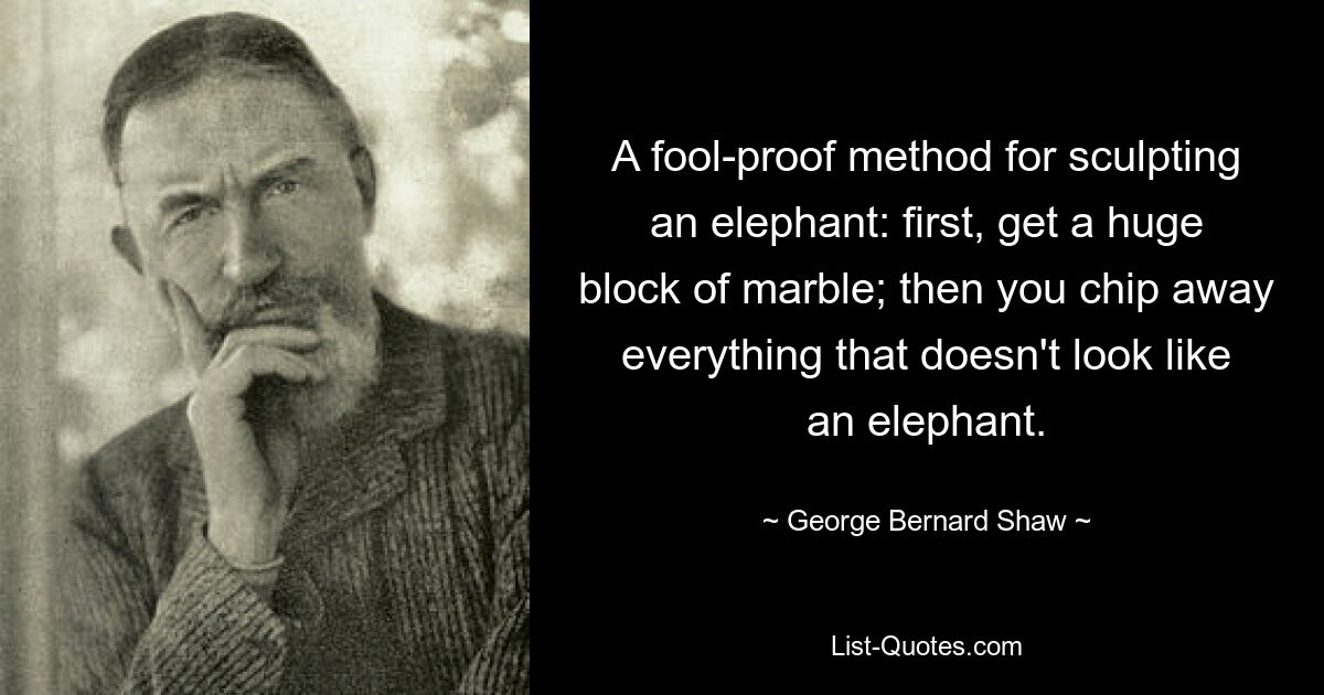 A fool-proof method for sculpting an elephant: first, get a huge block of marble; then you chip away everything that doesn't look like an elephant. — © George Bernard Shaw