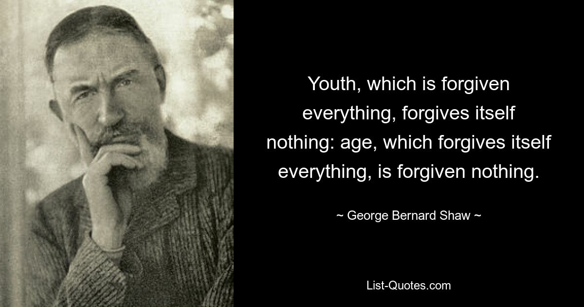 Youth, which is forgiven everything, forgives itself nothing: age, which forgives itself everything, is forgiven nothing. — © George Bernard Shaw