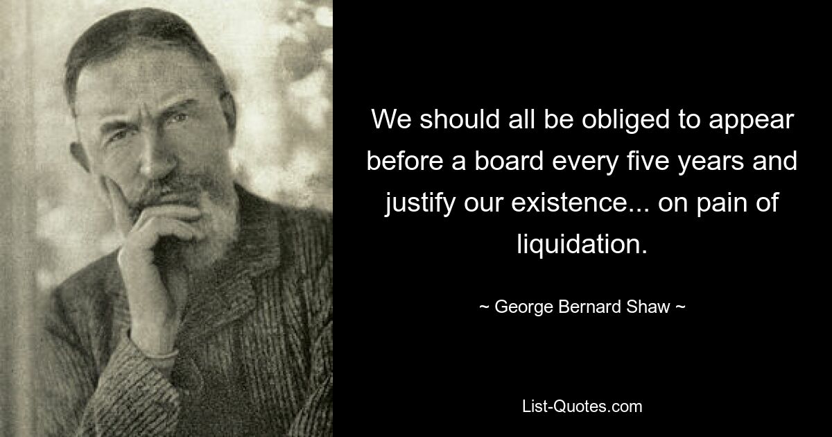 We should all be obliged to appear before a board every five years and justify our existence... on pain of liquidation. — © George Bernard Shaw