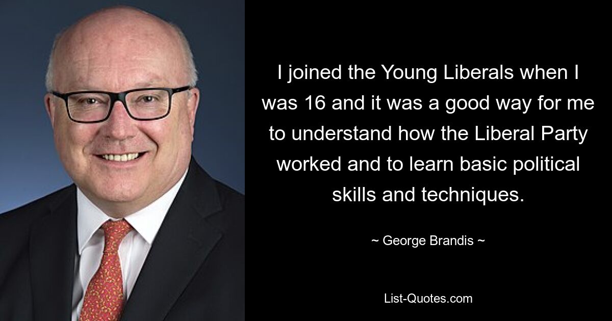 I joined the Young Liberals when I was 16 and it was a good way for me to understand how the Liberal Party worked and to learn basic political skills and techniques. — © George Brandis