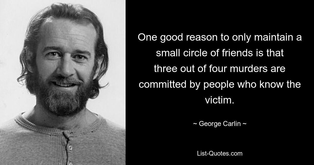 One good reason to only maintain a small circle of friends is that three out of four murders are committed by people who know the victim. — © George Carlin