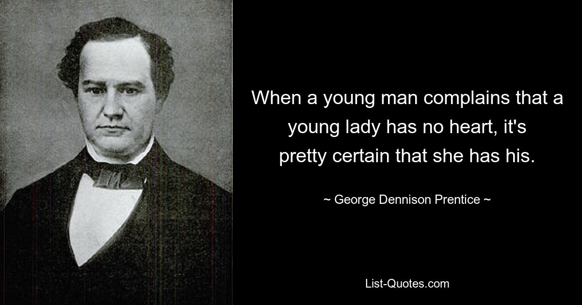 When a young man complains that a young lady has no heart, it's pretty certain that she has his. — © George Dennison Prentice